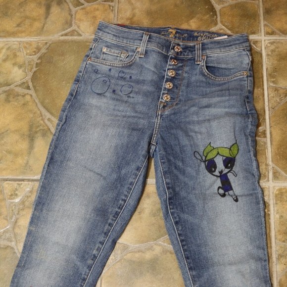 7 for all man Kind Custom Powerpuff Girls OOAK Art Work Jean High Rise Skinny 27 - Picture 4 of 15